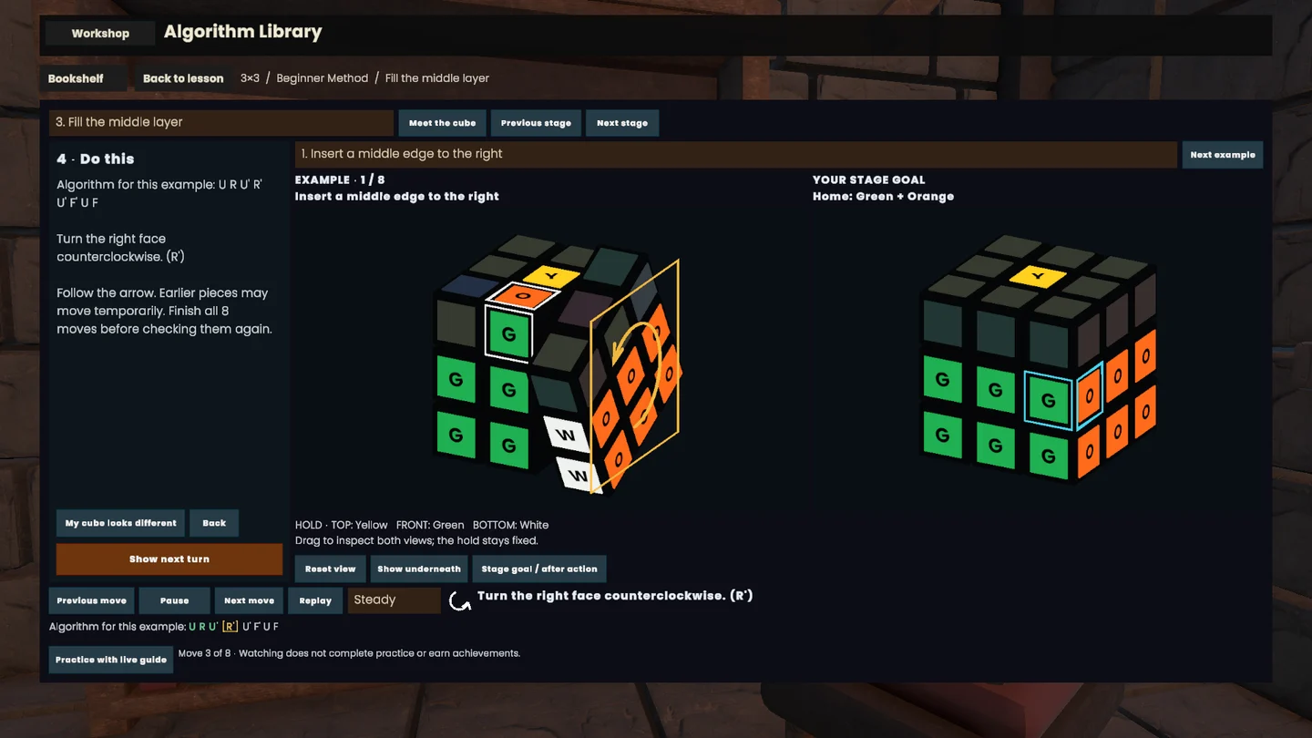 In-game Cubing Forge lesson showing example and practice cubes beside move instructions