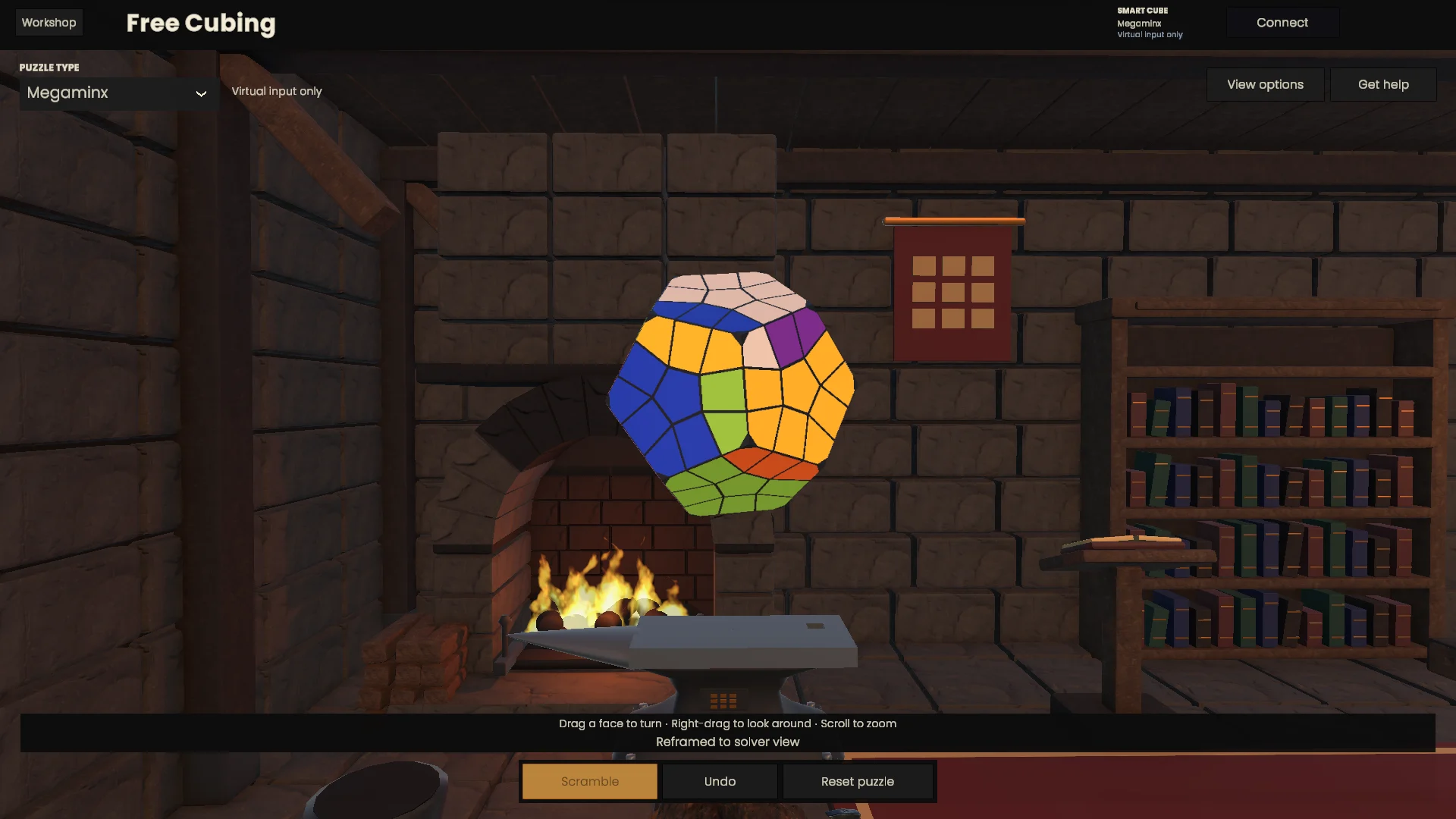 A colourful Megaminx in the firelit Cubing Forge workshop